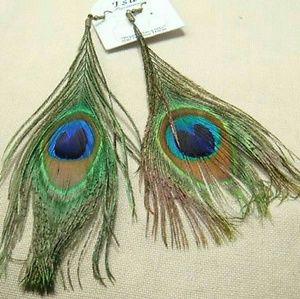 Blue Center Peacock Feather Earrings